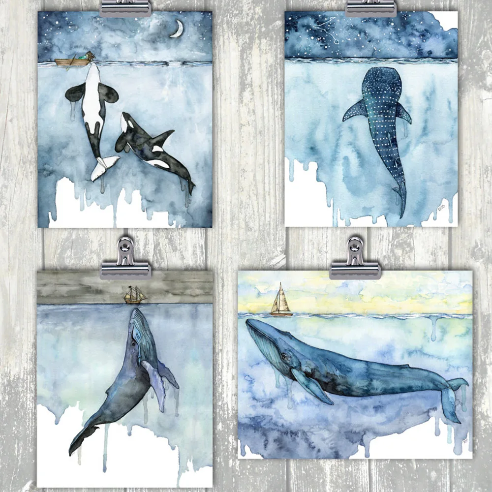 Watercolor Whales Canvas Art Print Painting Poster Wall Decor Orca Art Nursery Cetacea Posters Wall Pictures For Home Decoration