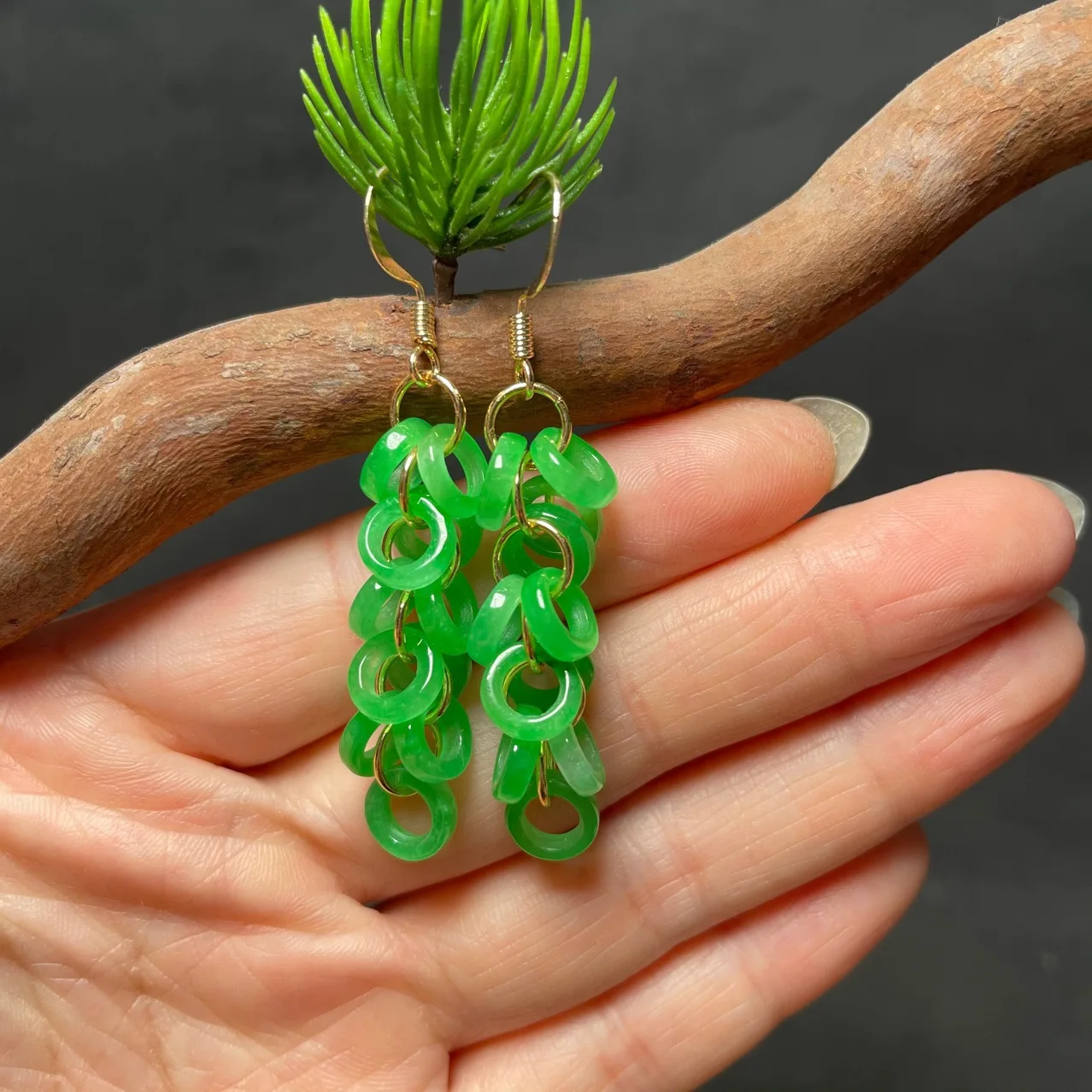 

14K Earrings JADE dry green safety ring earrings women's fashion temperament national style earrings