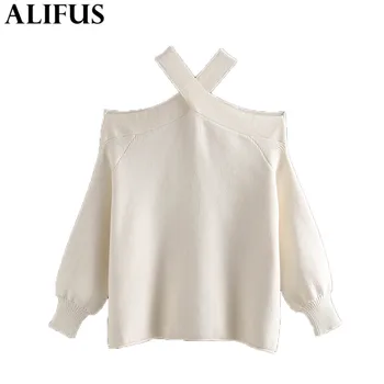 

Fashion Za Women Sweaters 2019 Sexy Cross Neck Off Shoulder Lantern Sleeve Loose Knitting Pullover Short Sweater Jumper Tops