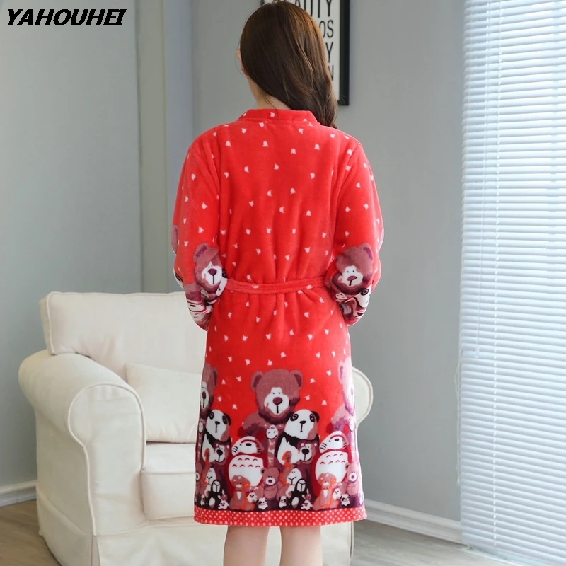 

2PCS Girls Cute Thick Warm Flannel Cartoon Robes Sets For Women 2019 Winter Red Coral Velvet Bathrobe Sexy Lingerie Night Dress