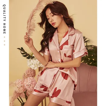 

New Silk Satin Pajamas For Women Pajamas Shorts Women Sexy Sleepshirts Pink Sleepwear Suit Leisure Pajamas Set Cute Homewear