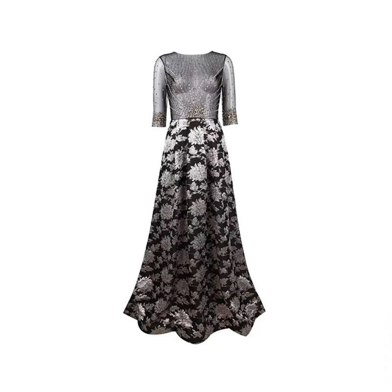 Элегантное черное платье с коротким рукавом, украшенное бисером, с цветочным узором, Сетчатое женское Макси-платье - Цвет: Black