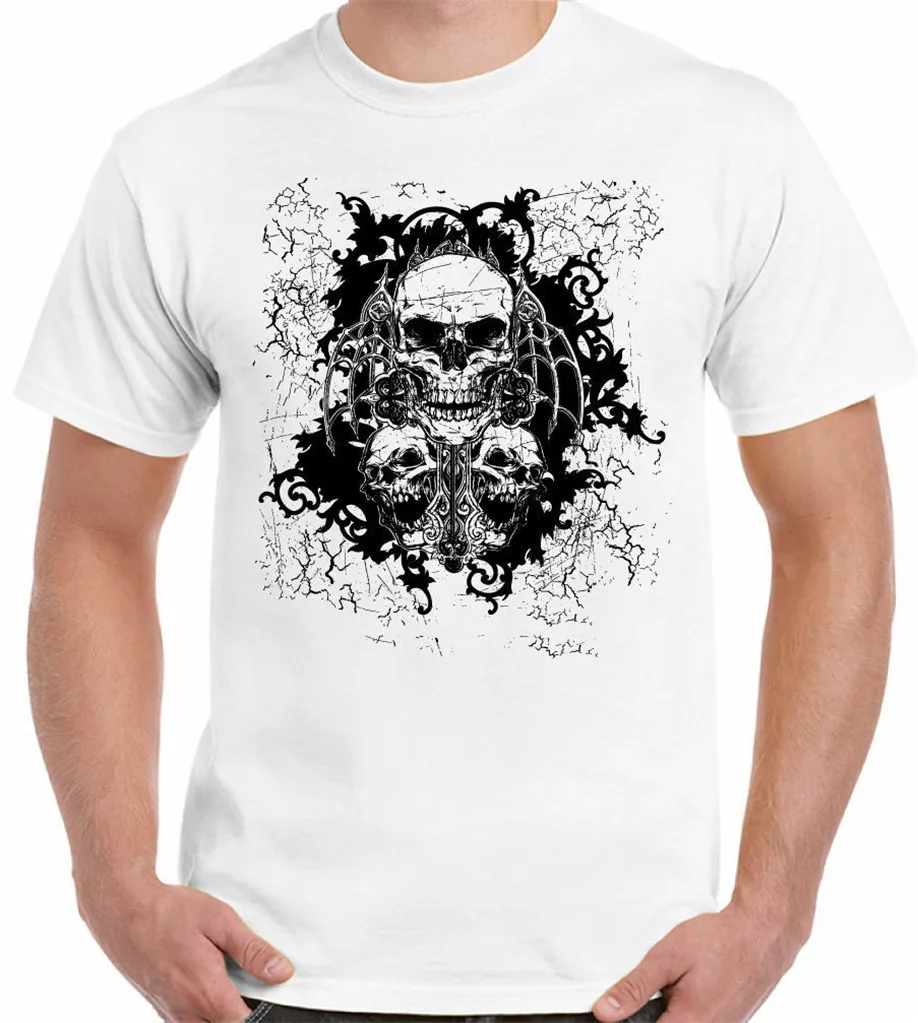Three Skulls Mens Motorbike T-Shirt Bike Biker Motorcycle Gothic Tattoo Free Shipping Light Tee Shirt | Мужская одежда