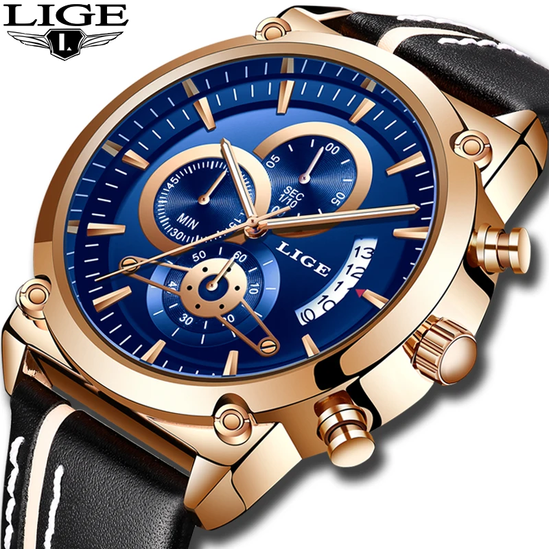 

2019 New LIGE Blue Wristwatch Mens Watches Top Brand Luxury Leather Quartz Watch For Men Sport Clock Male Waterproof Chronograph