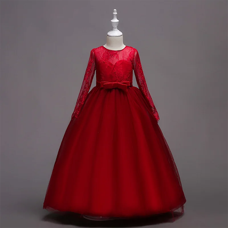 Skyyue/платье с цветочным узором для девочек на свадьбу, длинный рукав, фатиновый резервуар в виде шара, платье с вышивкой, детское праздничное платье для причастия, платье принцессы 1022 - Цвет: red