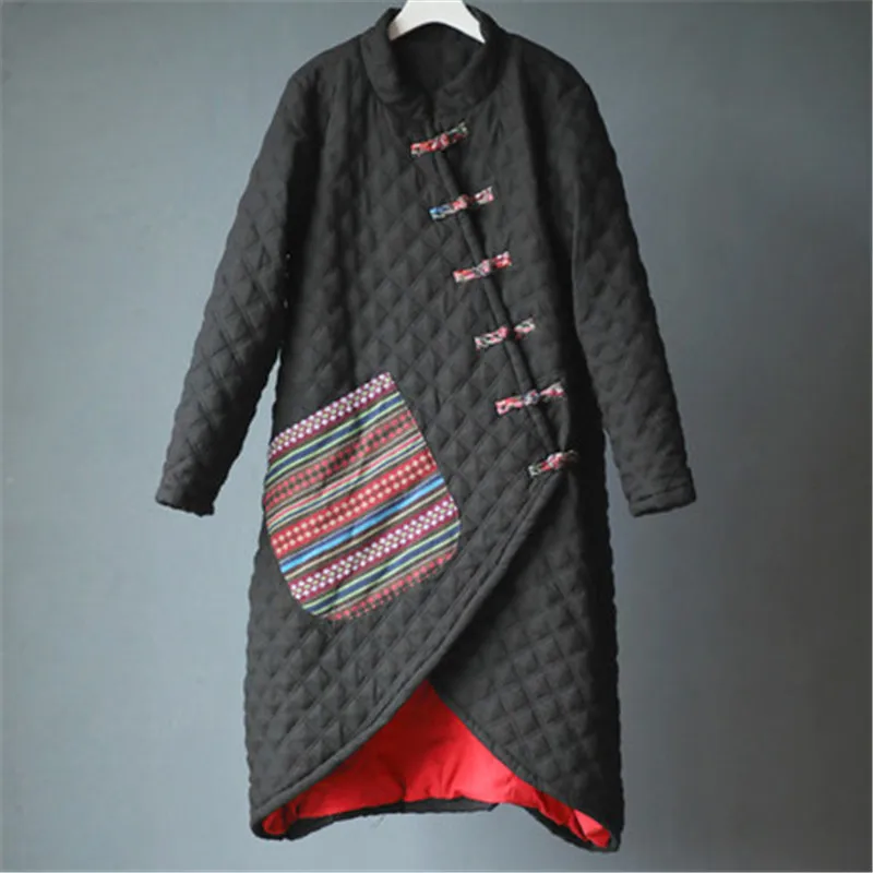 Китайская жаккардовая куртка-парка со стоячим воротником, Женская Ретро хлопковая льняная стеганая куртка с пряжкой, зимняя хлопковая одежда V978 - Цвет: Black