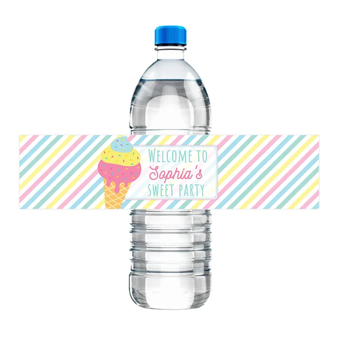 30pcs Ice Cream Theme Birthday Party Water Bottle Labels Customize First Birthday Baby Shower Personalized Summer Party Stickers 
