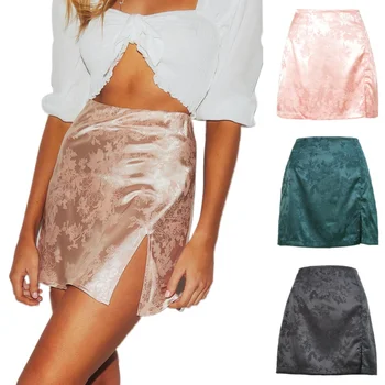 

New Fashion Women Ladies Sexy Casual High Waisted Pencil Bodycon Santin Silk Mini Skirt Clubwear Solid Color Split Skirt