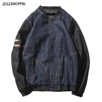 

Men Denim Baseball Jacket Japan Style 2020 Spring Autumn Sleeve Camouflage Stripes Mens Jean Jacket Vintage Denim Coat