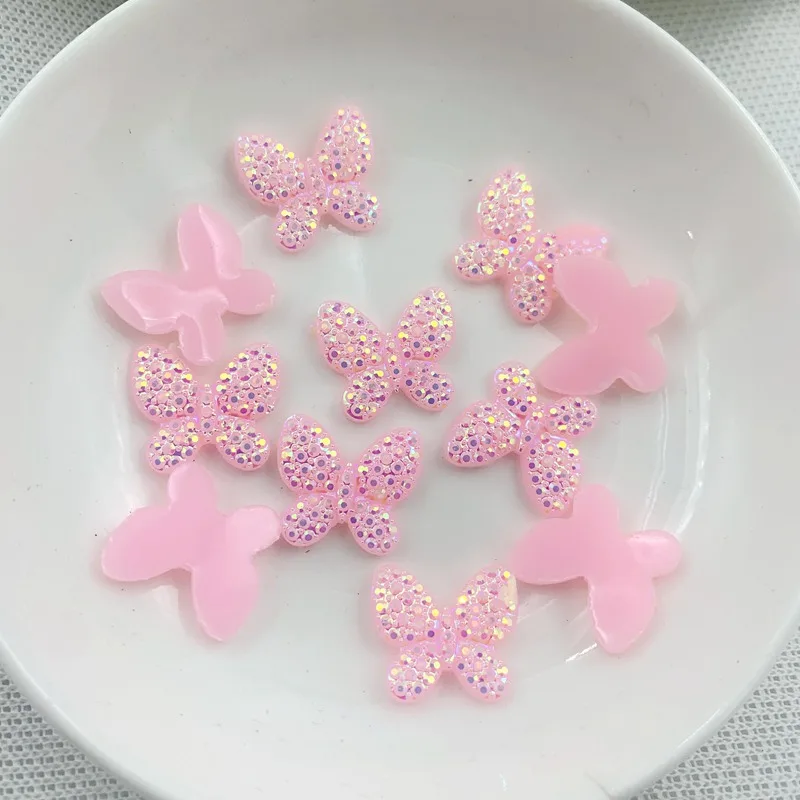 50pcs AB 수지 15*16mm 화려한 나비 플랫 백 라인석 장식품 DIY 웨딩 아플리케 공예-B82