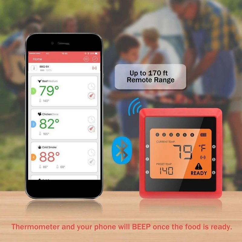 Беспроводной Bluetooth Смарт термометр для барбекю приготовления пищи с зондами из