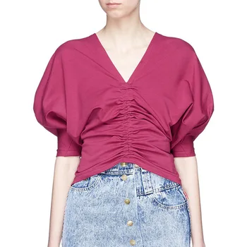 

2020 Retro TShirt Autumn Women's Rose Purple T-shirt Front and Back Wear V-neck Interlaced Pleated Puff Sleeve Cotton Top