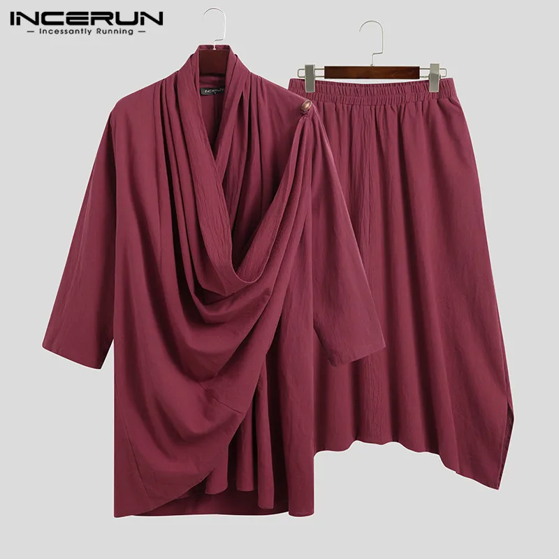 Vintage Men Sets Cotton Streetwear Plain Turtleneck Long Sleeve Irregular Cloak Coats Drop Crotch Pants Men Suits S-5XL INCERUN Vintage Men Sets Cotton Streetwear Plain Turtleneck Long Sleeve Irregular Cloak Coats Drop Crotch Pants Men Suits S-5XL INCERUN