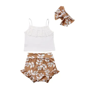 

2019 Toddler Newborn Baby Girl Clothes Set Summer Sleeveless Lace Tops Vest Crop Floral Short Headband Clothing Outfit Sunsuit