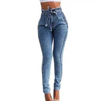 

Women Tassel High Waist Stretch Skinny Jeans Lace-Up Belt Slim Pencil Long Pants