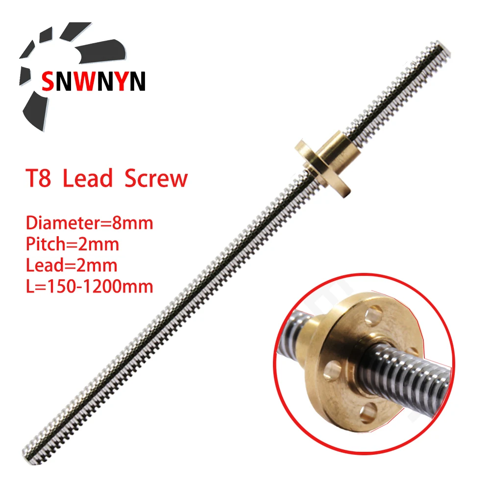 8mm T8x2 L600-1200MM Lead Screw Pitch 2mm Lead 2mm & Brass Nut For 3D Printer 