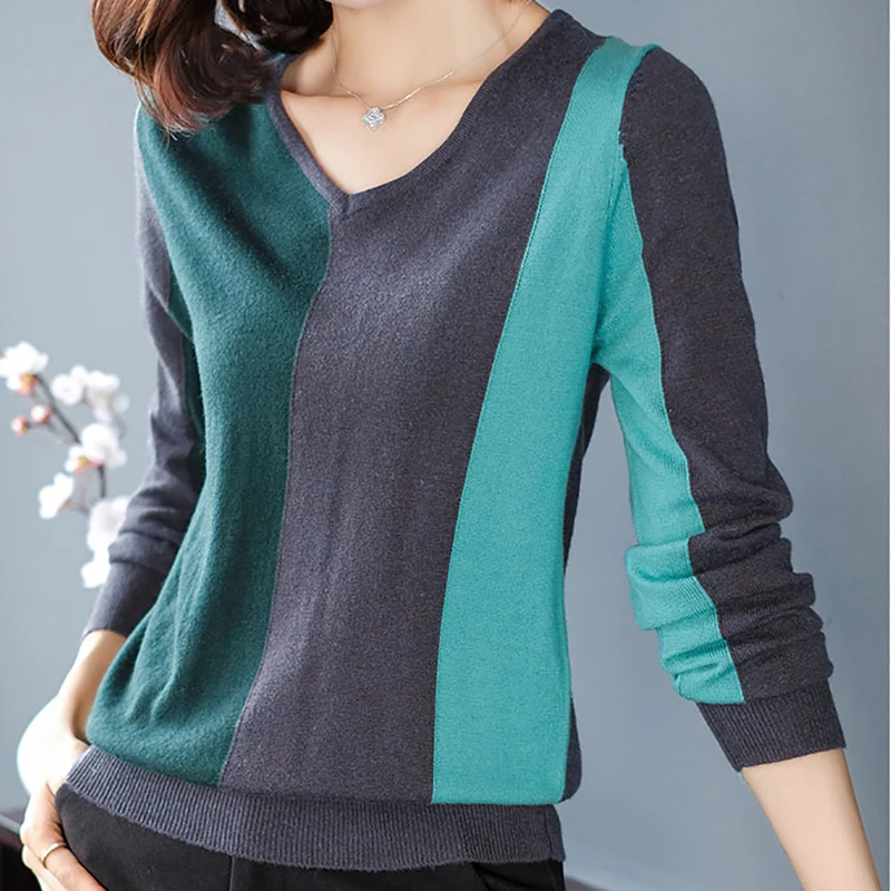 

Contrast Color Fall Long Sleeve Women Sweater Knitted V-Neck High Elastic 2020 Winter Fashion Sweater Women Pullovers