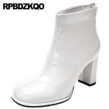 

fur booties patent leather vintage high heel ankle block white boots square toe sexy chunky designer shoes women luxury 2019 new