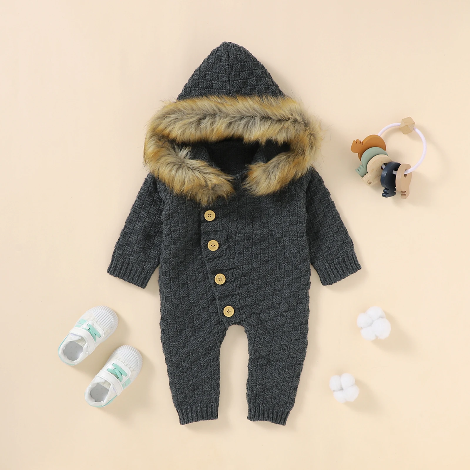 Baby Sweater Jumpsuits Winter Boys Girls Clothes Toddler Long Sleeve Single-breasted Knitted Furry Hooded Sweaters 0-24M