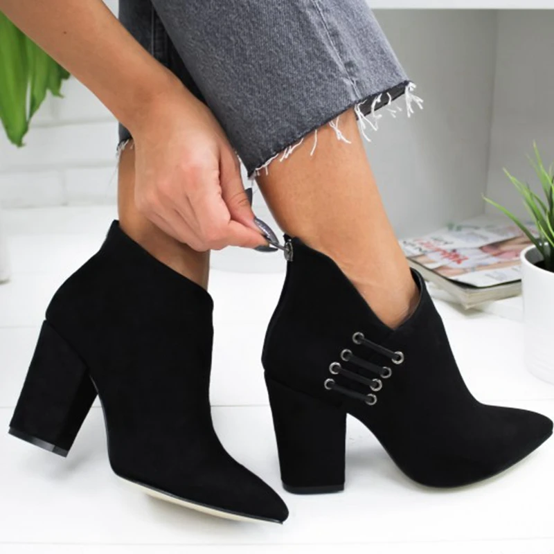 SHUJIN/Новая женская обувь пикантные ботильоны короткие ботинки Модная европейская обувь на высоком каблуке с острым носком женская обувь, большие размеры 35-43