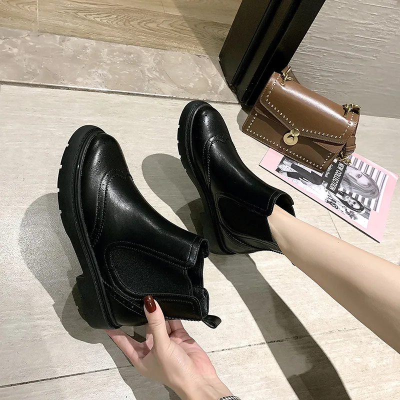 

377-3 Martin Boots Women's 2019 Autumn And Winter New Style round Flat Varved Comfortable Fashion Short Boots