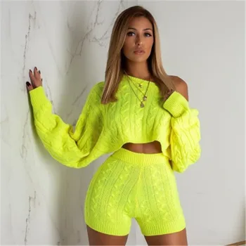 

Women autumn winter dress solid color knitted sweater round neck long-sleeved T-shirt tops sexy mini bag hip short skirt suit