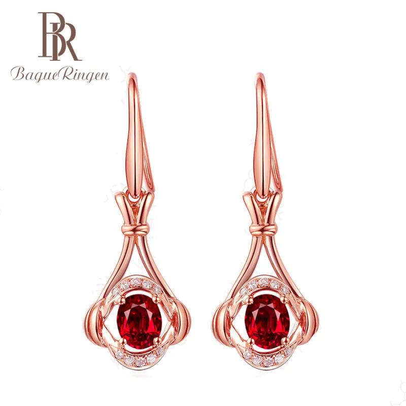 

Begua Ringen Fashion Rose Gold Flower-shaped Ruby Earrings for Women wedding Engagement Created Gemstone Jewelry Accessories