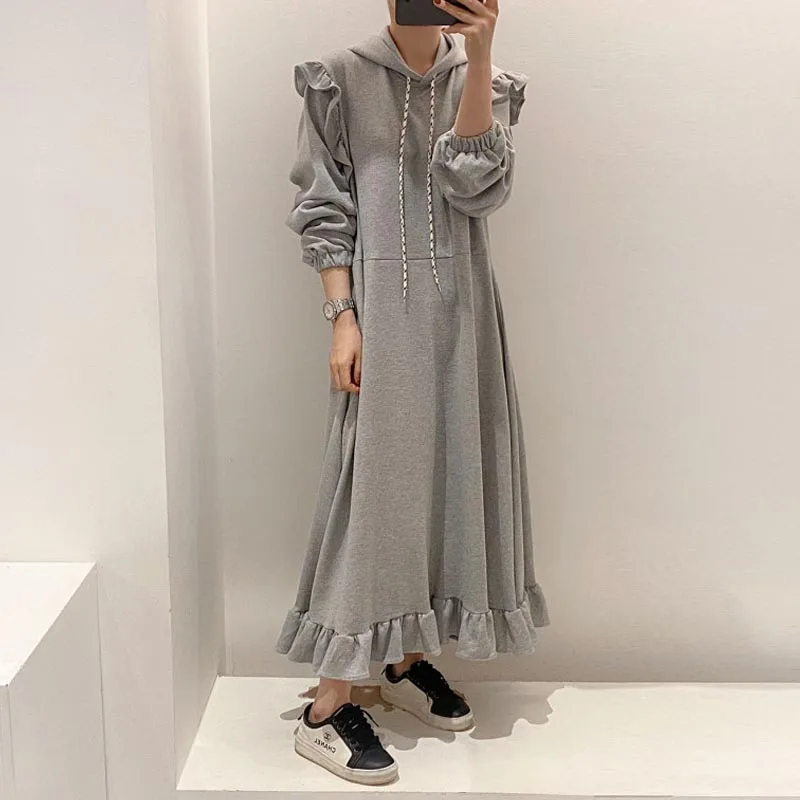 

One-Piece 2020 New Spring Autumn Women Chic Sweater Dress Hooded Long Elegant Temperament Dresses Loose Ruffles Sweater Dresses