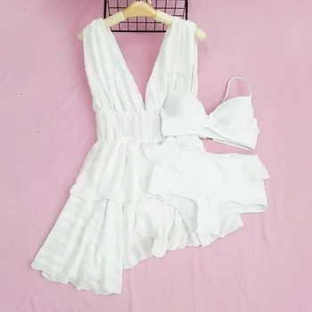

Women White Solid Push Up Bikini Set Swimwear Bathing Suit Swimming Beachwear Biquinis Summer Sexy 2020 Swimsuit with Cover Up