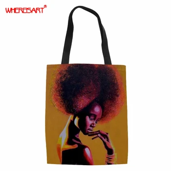 

WHEREISART African Black Queen Canvas Handbag for Girls Ladies Large Capacity Casual Bag Women Portable Shoulder Bag Bolsos Muje