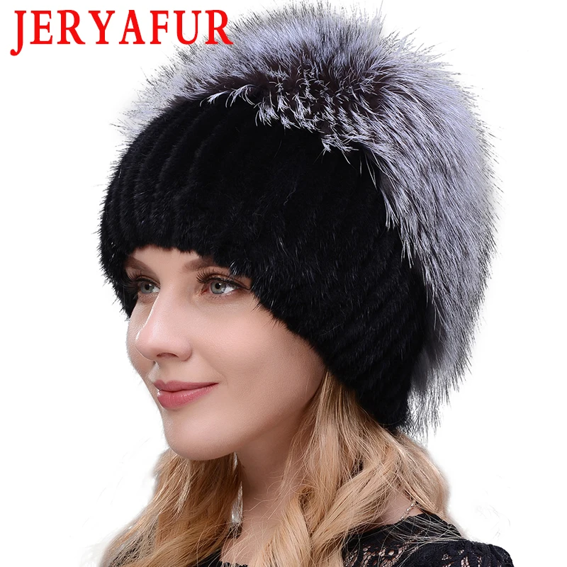 Женская шапка из натурального меха норки JERYAfur зимняя серебристой лисы теплая