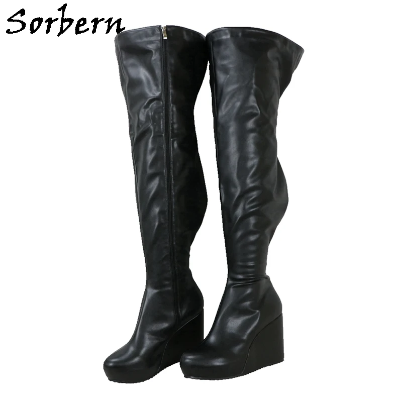 

Sorbern Women Wedge Boots Crotch Thigh High Black Matte Custom Made High Boots For Lady Invisible Platform Winter Plush Shoes