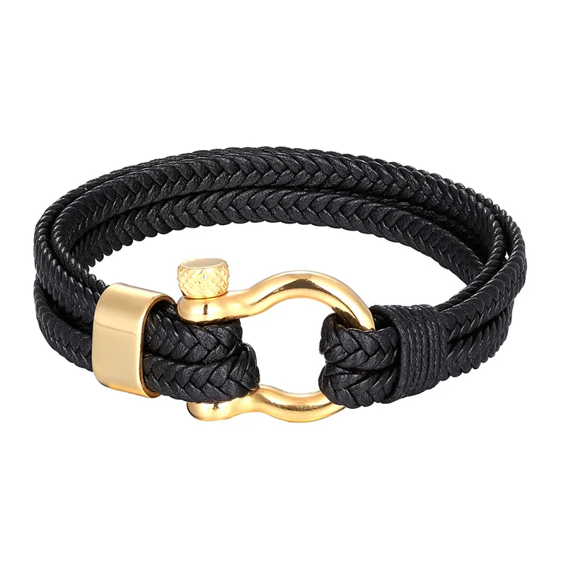 New Simple Fashion Bracelets Men Black Multiple Leather Bracelet Stainless Steel Male Bangles Wristband Jewelry Gifts Pulseira