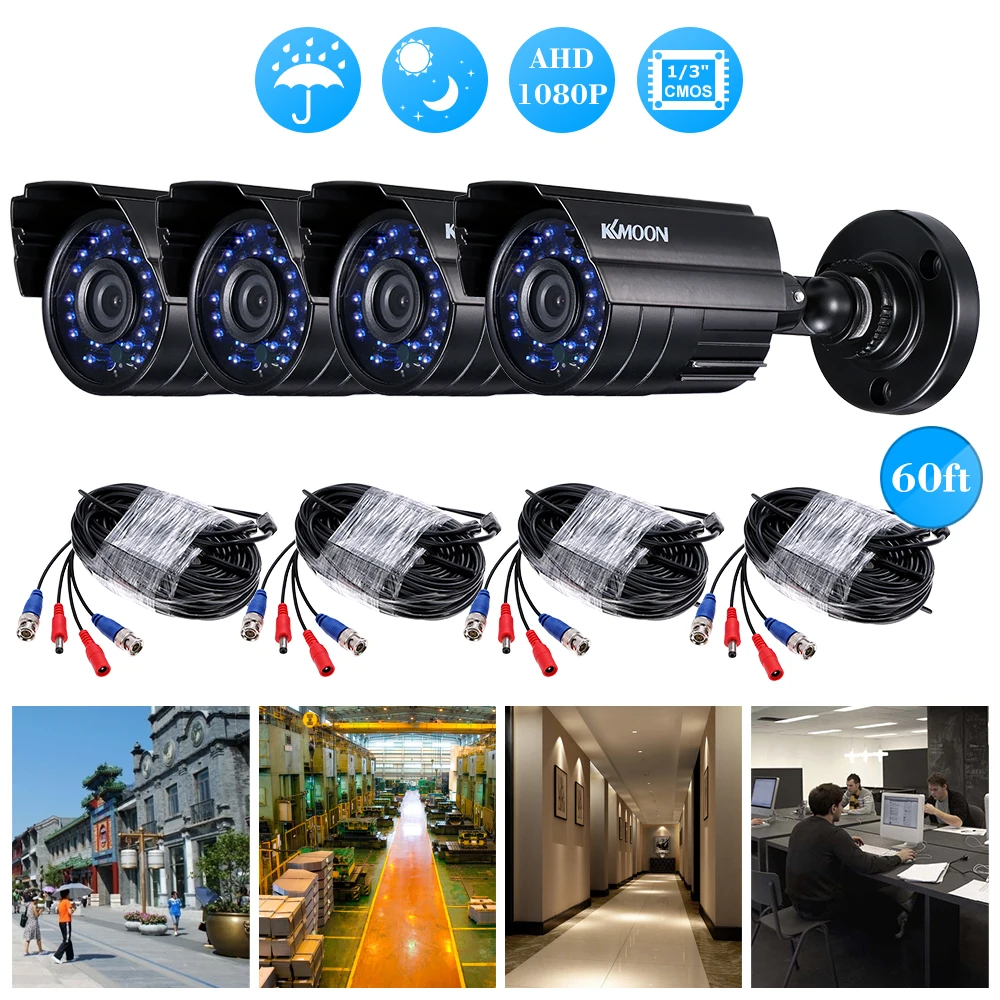 KKmoon 4*1080P 2000TVL AHD Водонепроницаемая ИК камера видеонаблюдения+ 4*60 футов кабель наблюдения поддержка IR-CUT инфракрасные лампы ночного видения
