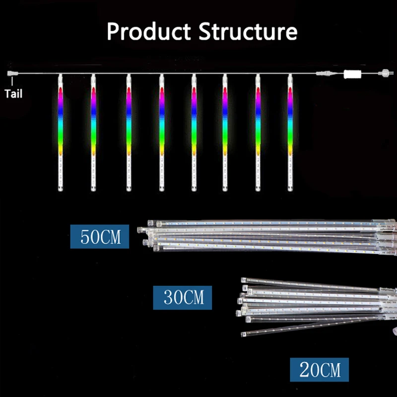 Новогодний, 30 см, 50 см, метеоритный дождь, 8 трубок, светодиодный, водонепроницаемый, для улицы, свадьбы, праздника, рождественского декора, дерева