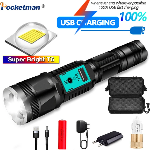 

Super Powerful T6 LED Flashlight Tactical Zoom Torch Waterproof DC charging lantern use 18650 battery best for lighting Camping