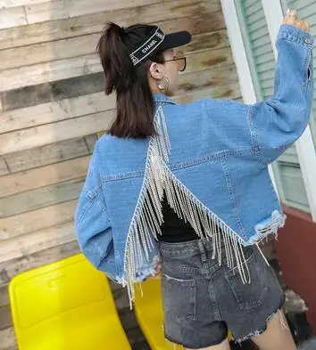 

High Street Fringe Short Jacket Women Long Sleeve Autumn Coat Holes Full Sleeve Irregular Outfit
