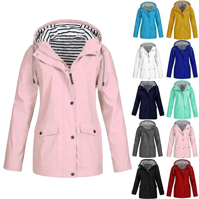 

10 Colors Plus Size women's jacket Solid Hooded Raincoat Outdoor Jacket Waterproof Windproof Coat chaqueta mujer