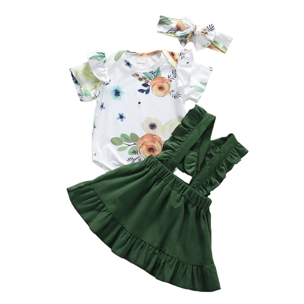 

Pudcoco 3PCS Set Toddler Baby Girl Clothes Fashion Cotton Long Sleeve Floral Romper + Strap Skirts +Headband Outfits 0-18M