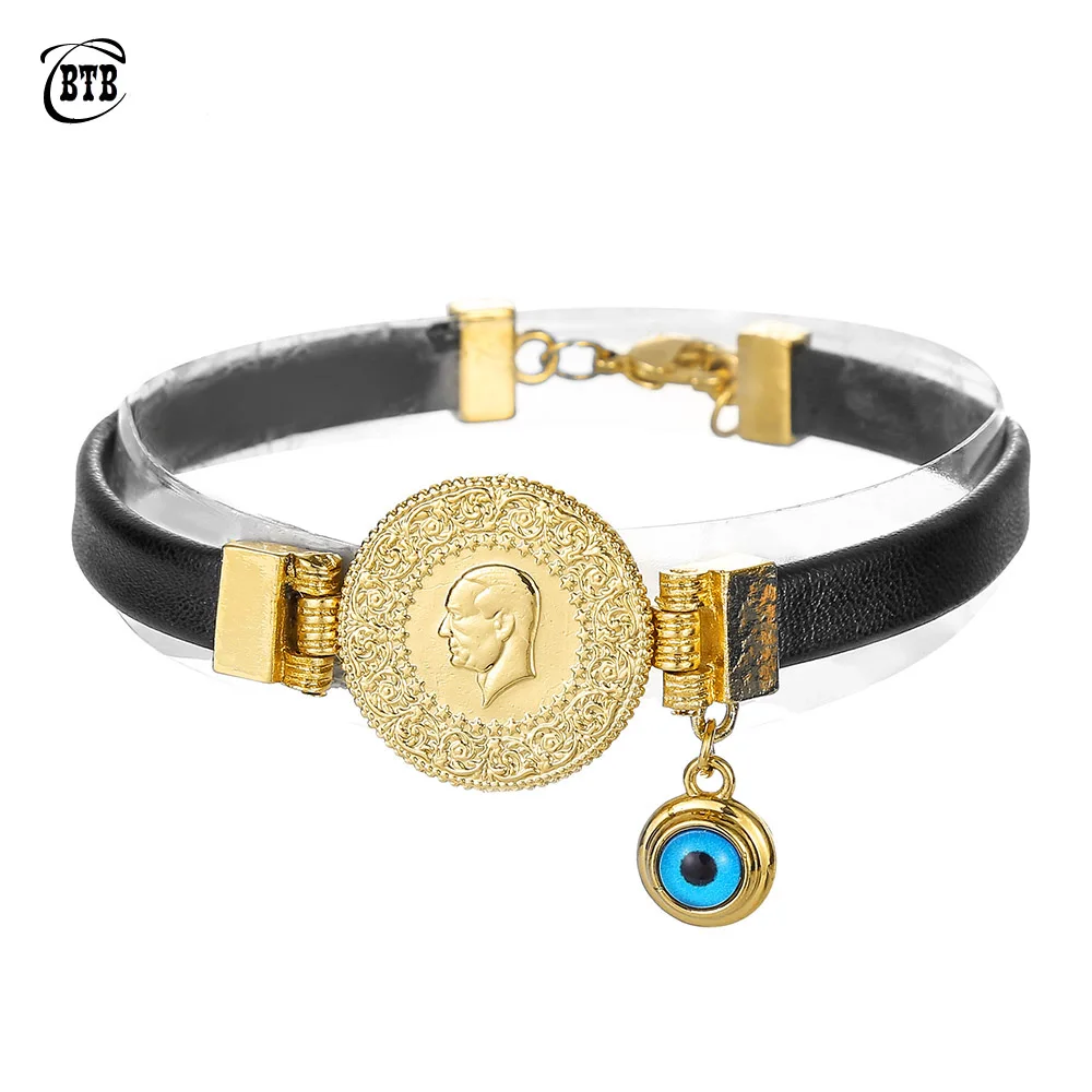 

Muhammad Turkish Coin Bracelet Muslim Islam God Allah Cuff Devil's Eye Bracelet Middle East Arab Jewelry Leather Bracelet
