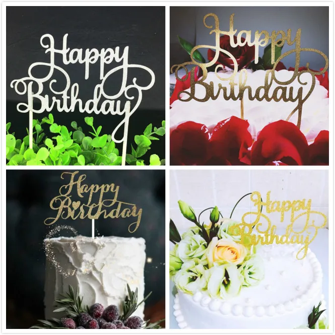 Rose Gold Happy Birthday Cake Topper Acrylic Letter Gold Silver Cake Top Flag Decoration for Boy Birthday Party Wedding Supplies