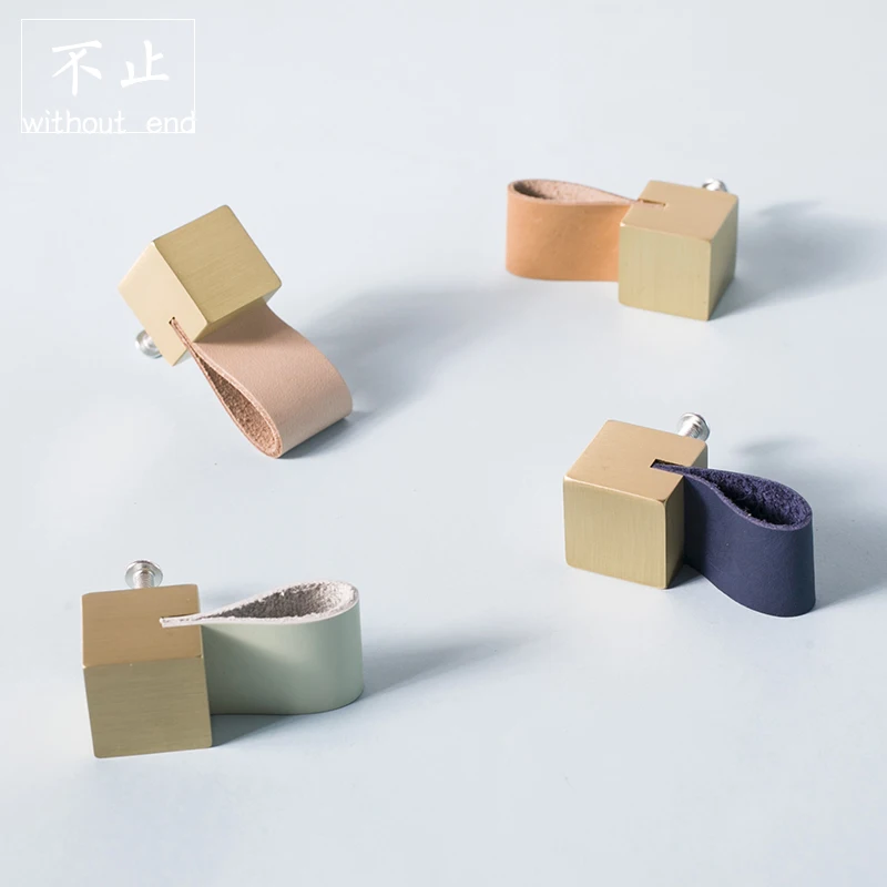 

LZSM Nordic Brass Handle Cabinet Furniture Cowhide Handle Simple Original Design Square Handle