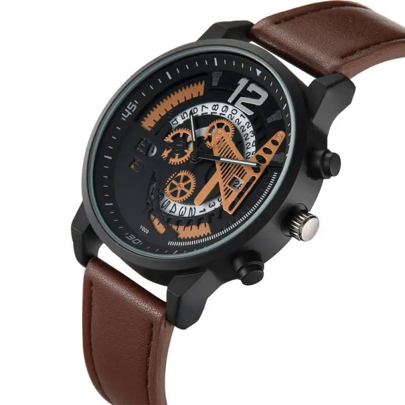 

Hot Sale Fashion Men Watches Creative Hollow Gear Calendar Men's Casual Sports Leather Belt Watch Business Date Function Clock