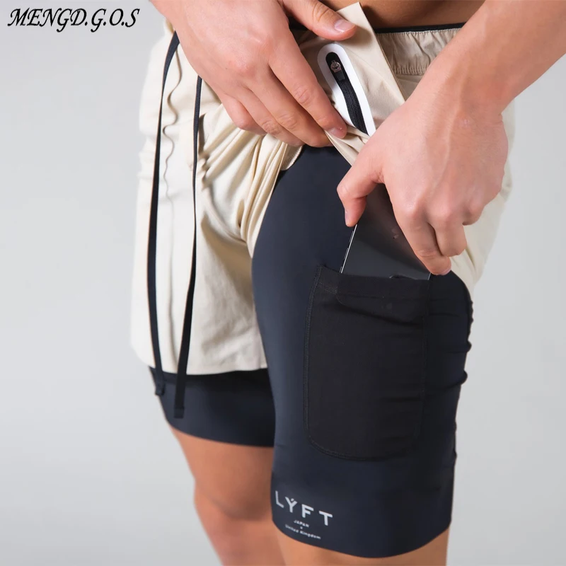 Pantalones cortos deportivos de doble capa con bolsillo incorporado para hombre, ropa de calle informal para correr, verano, 2021