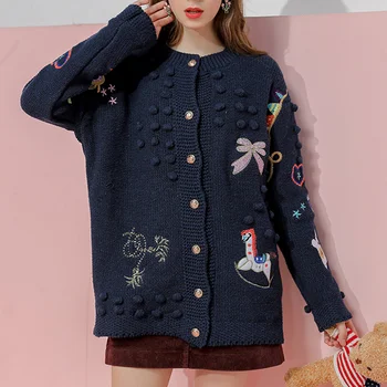

Thick Warm Long Cardigan 2019 Winter Oversized Cardigan Chic Cartoon Embroidery Single Breasted Sweater Coat Christmas Knit Coat
