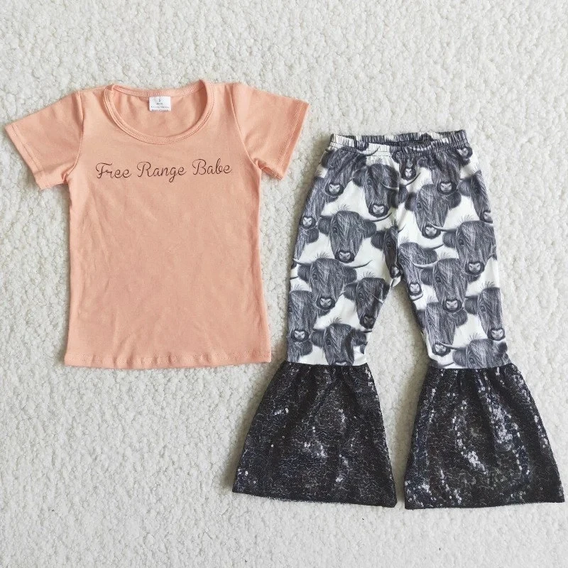 

Children Boutique Baby Girl Clothes Set Lotus Color Short Sleeve Free Range Babe Shirt Cow Print Bells Pants Outfit
