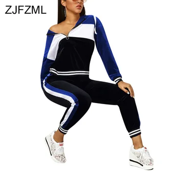 

Contrast Color Velvet 2 Piece Set Women Clothes Full Sleeve Front Zipper T Shirts and High Waist Pants Fleece Winter Outfits