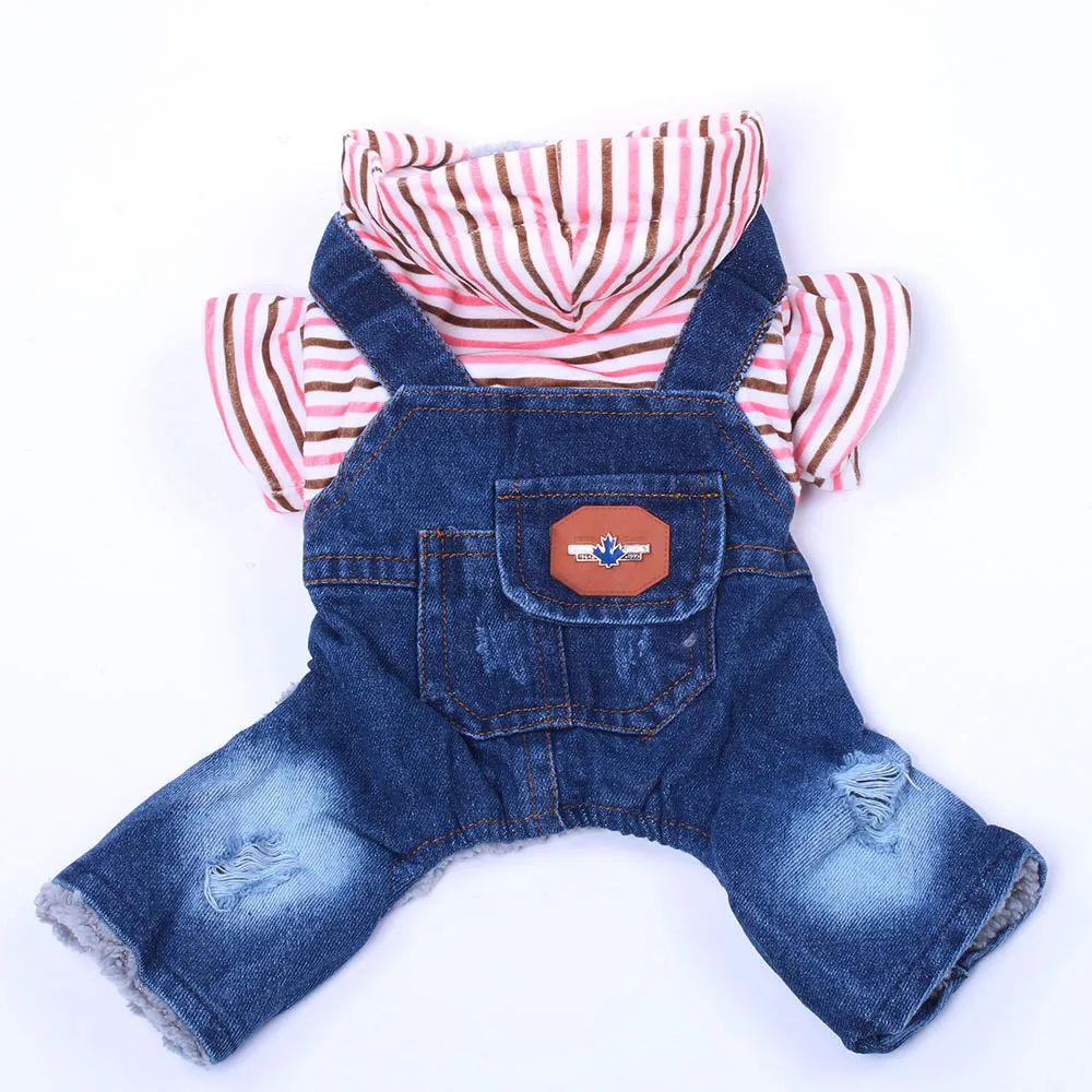 

Denim Dog Jumpsuit Coat Winter Pet Striped Hoodie Jean Cat Puppy Jacket Warm Clothing Apparel