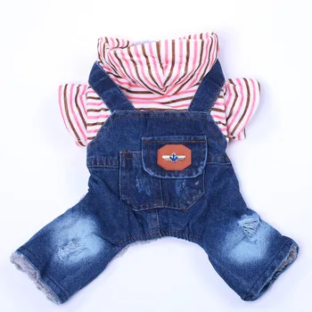 

Denim Dog Jumpsuit Coat Winter Pet Striped Hoodie Jean Cat Puppy Jacket Warm Clothing Apparel