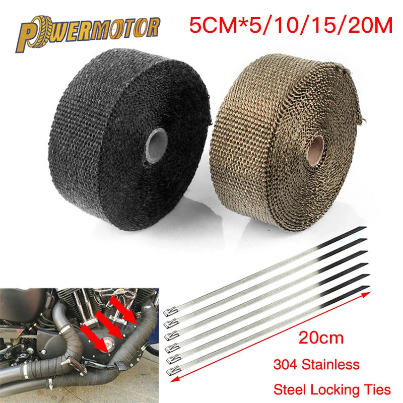 

5cm*5M/10M/15M/20M Exhaust Heat Wrap Thermal Tape Fiberglass Heat Wrap Manifold Insulation Roll Resistant with Stainless Ties